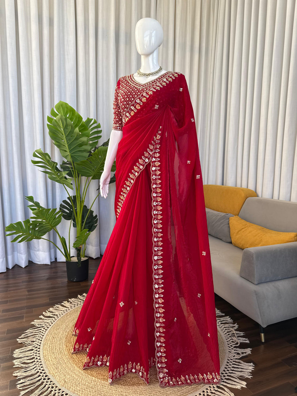 Fendy Silk Saree with Heavy Beads, Thread & Sequin Work  Front & Back Blouse