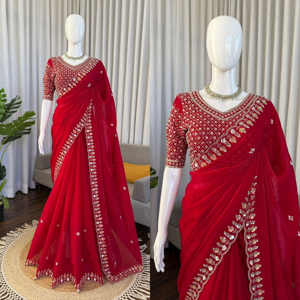 Fendy Silk Saree with Heavy Beads, Thread & Sequin Work  Front & Back Blouse