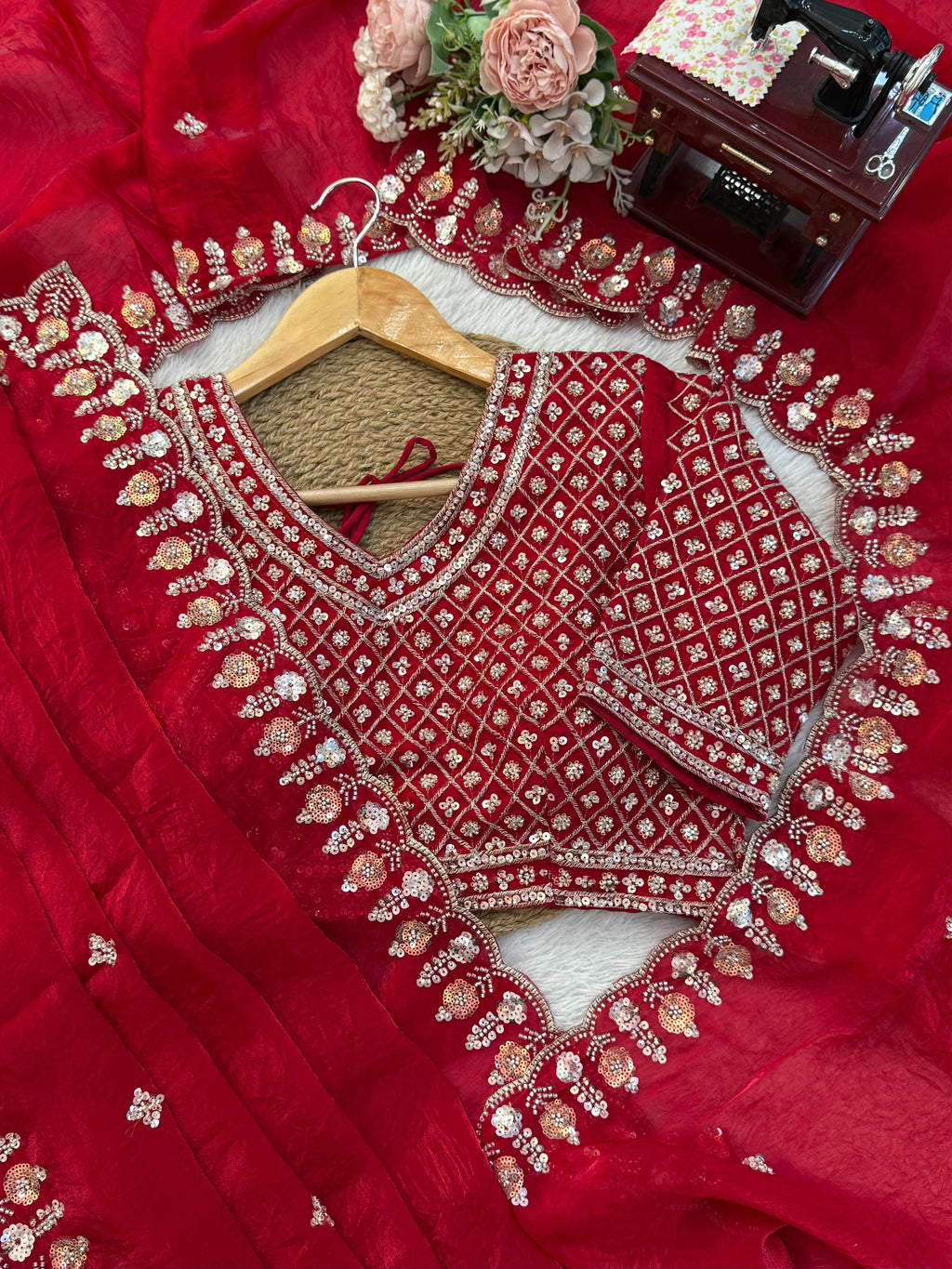 Fendy Silk Saree with Heavy Beads, Thread & Sequin Work  Front & Back Blouse