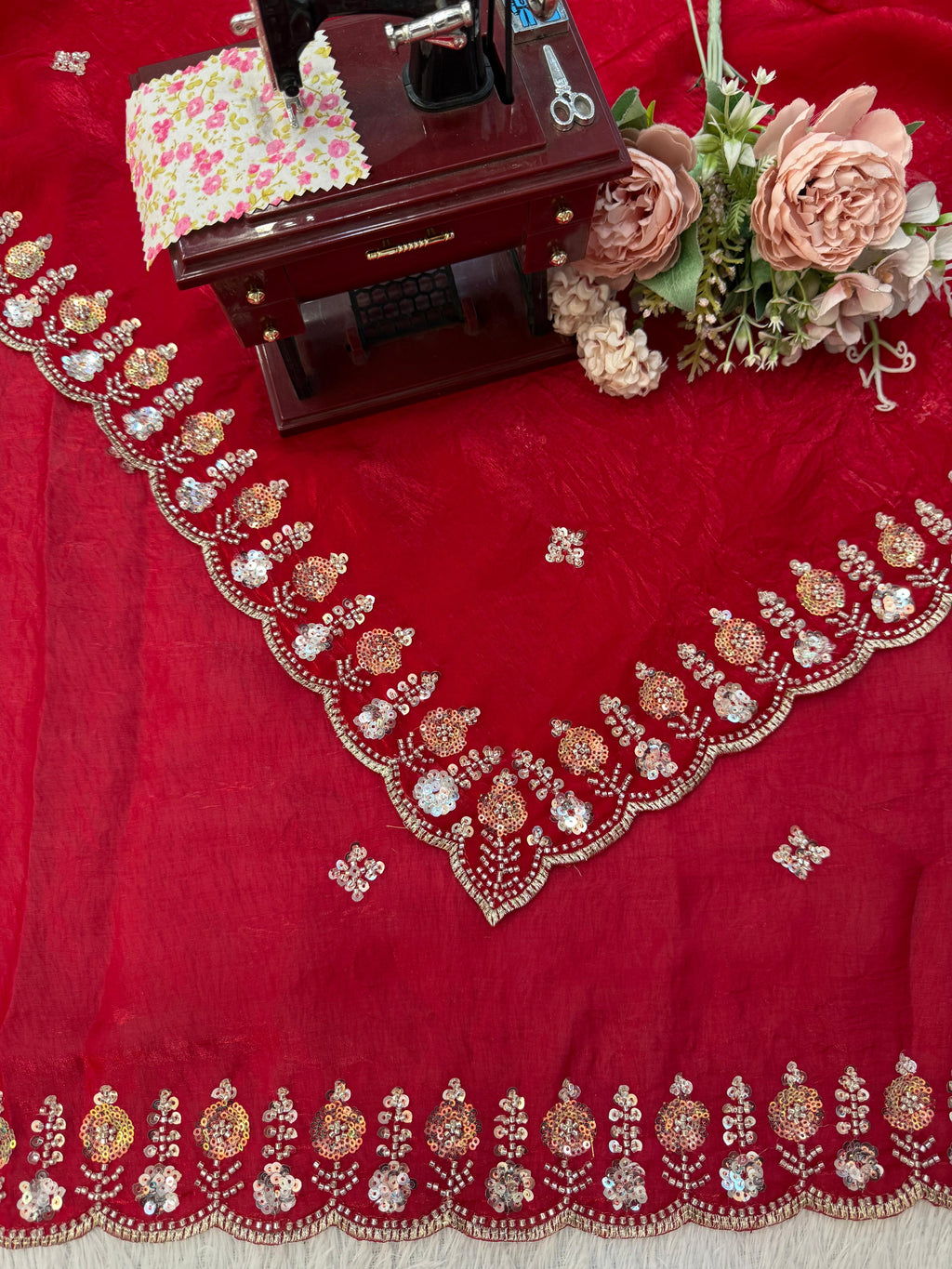 Fendy Silk Saree with Heavy Beads, Thread & Sequin Work  Front & Back Blouse