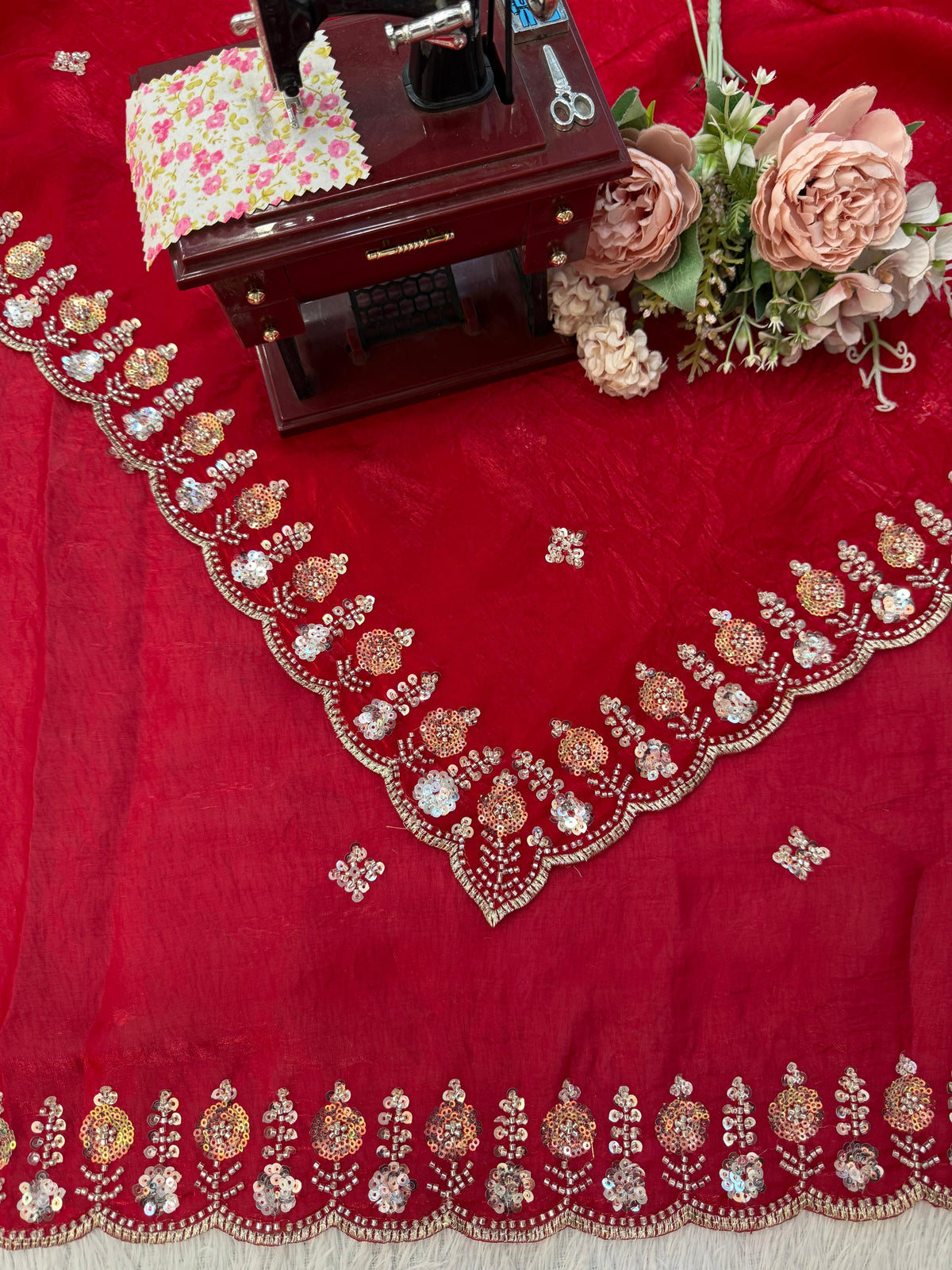 Fendy Silk Saree with Heavy Beads, Thread & Sequin Work  Front & Back Blouse