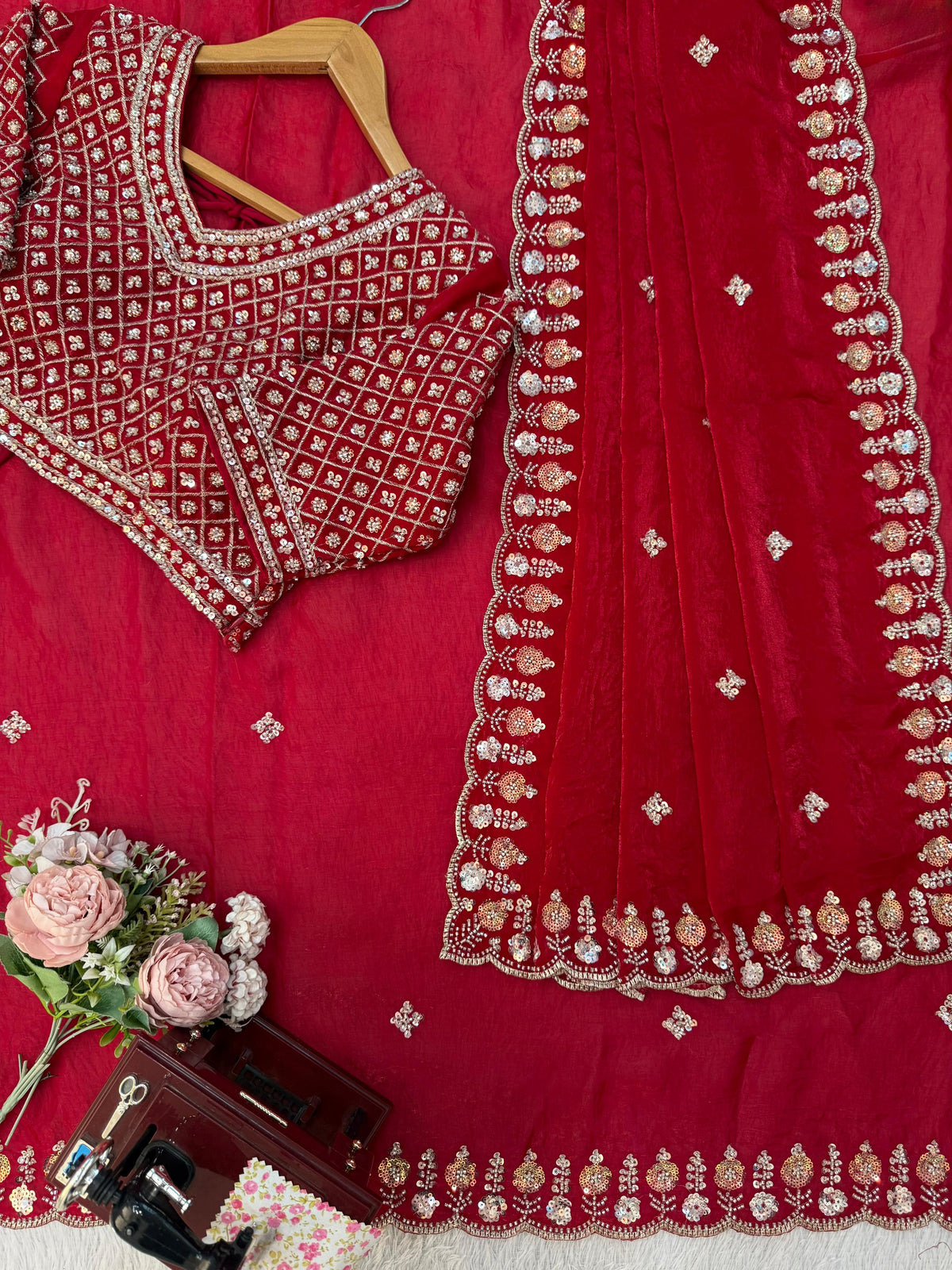 Fendy Silk Saree with Heavy Beads, Thread & Sequin Work  Front & Back Blouse