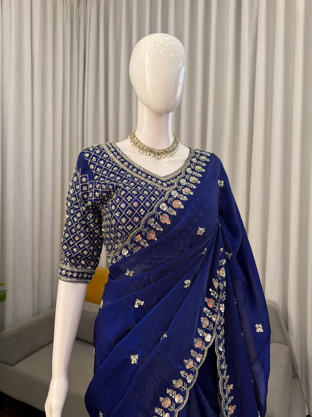 Fendy Silk Saree with Heavy Beads, Thread & Sequin Work  Front & Back Blouse