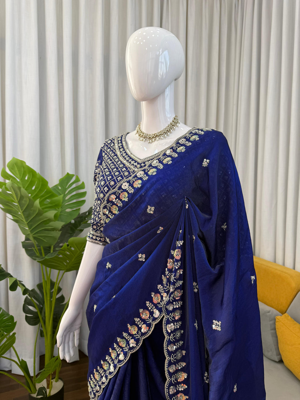 Fendy Silk Saree with Heavy Beads, Thread & Sequin Work  Front & Back Blouse
