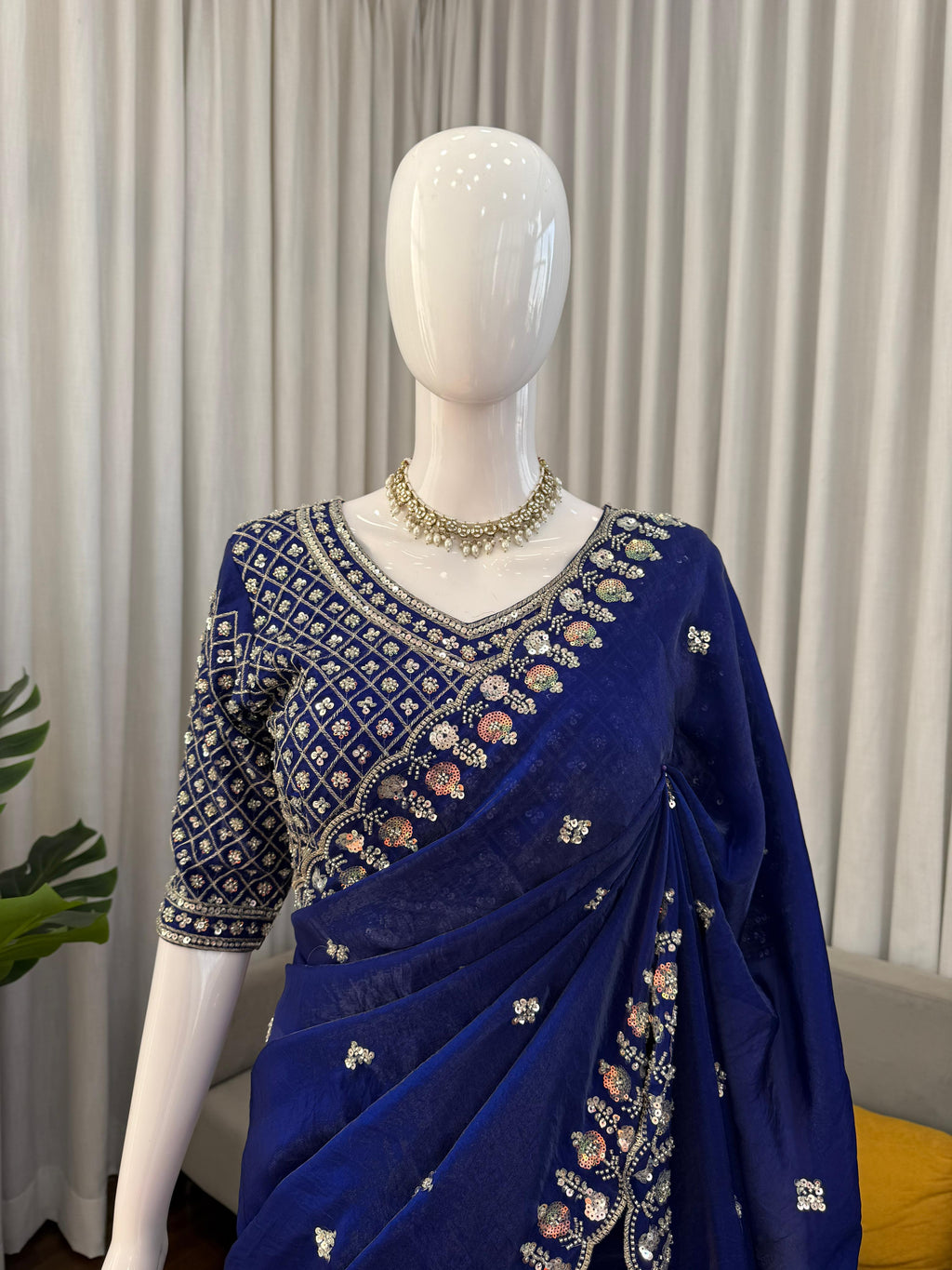 Fendy Silk Saree with Heavy Beads, Thread & Sequin Work  Front & Back Blouse