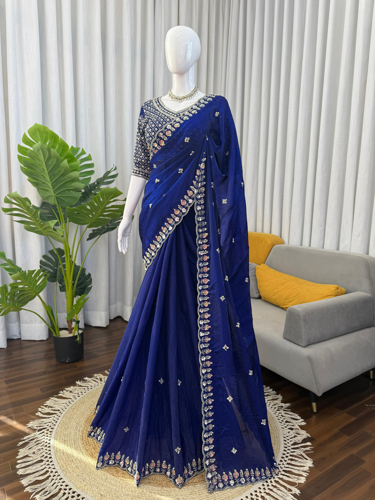 Fendy Silk Saree with Heavy Beads, Thread & Sequin Work  Front & Back Blouse