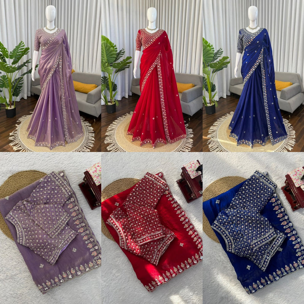Fendy Silk Saree with Heavy Beads, Thread & Sequin Work  Front & Back Blouse