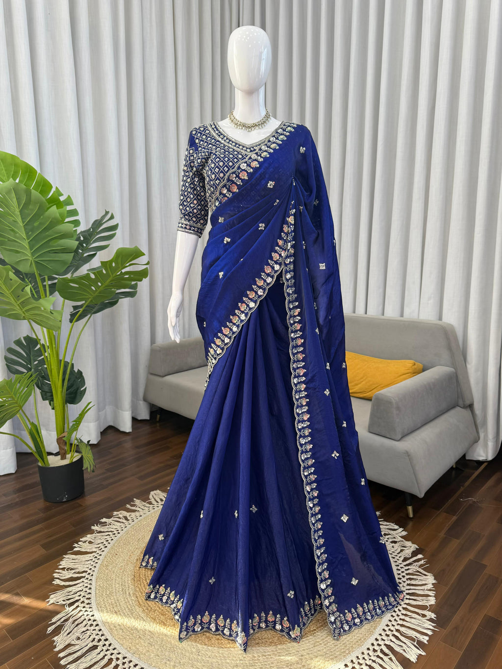 Fendy Silk Saree with Heavy Beads, Thread & Sequin Work  Front & Back Blouse