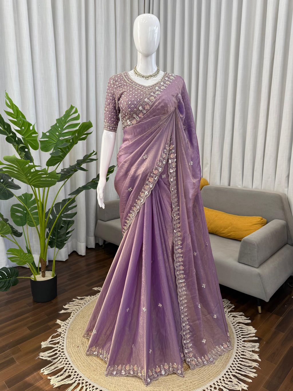 Fendy Silk Saree with Heavy Beads, Thread & Sequin Work  Front & Back Blouse