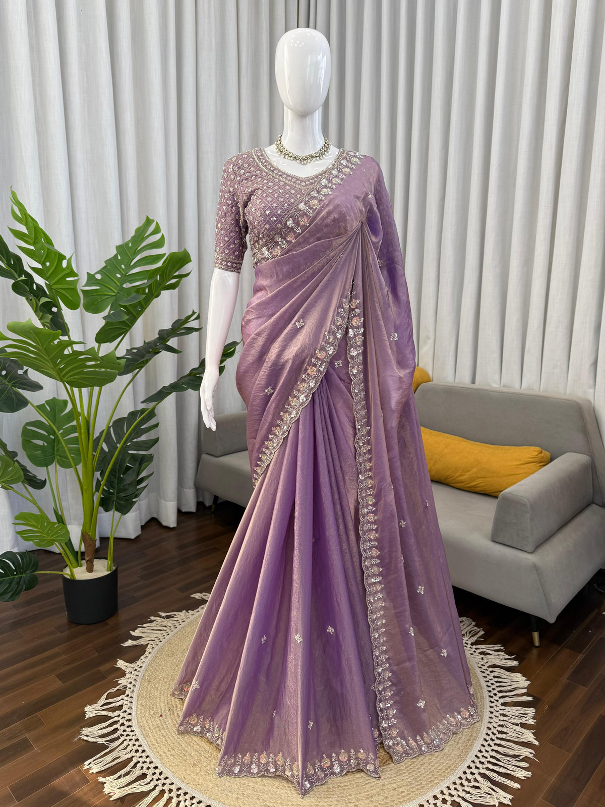 Fendy Silk Saree with Heavy Beads, Thread & Sequin Work  Front & Back Blouse