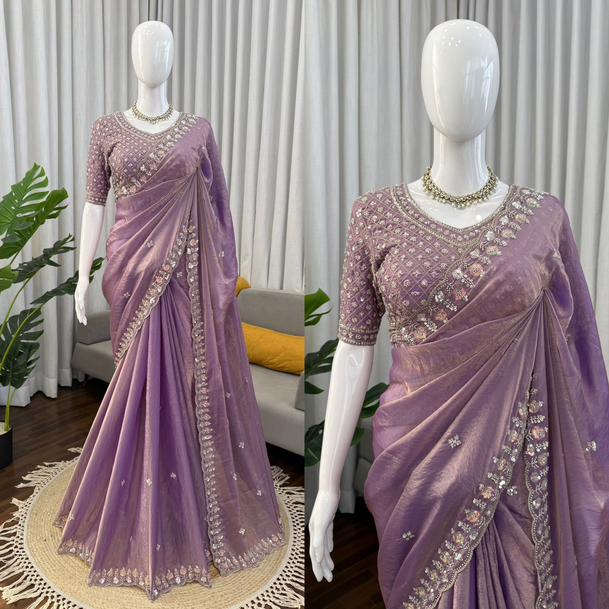 Fendy Silk Saree with Heavy Beads, Thread & Sequin Work  Front & Back Blouse