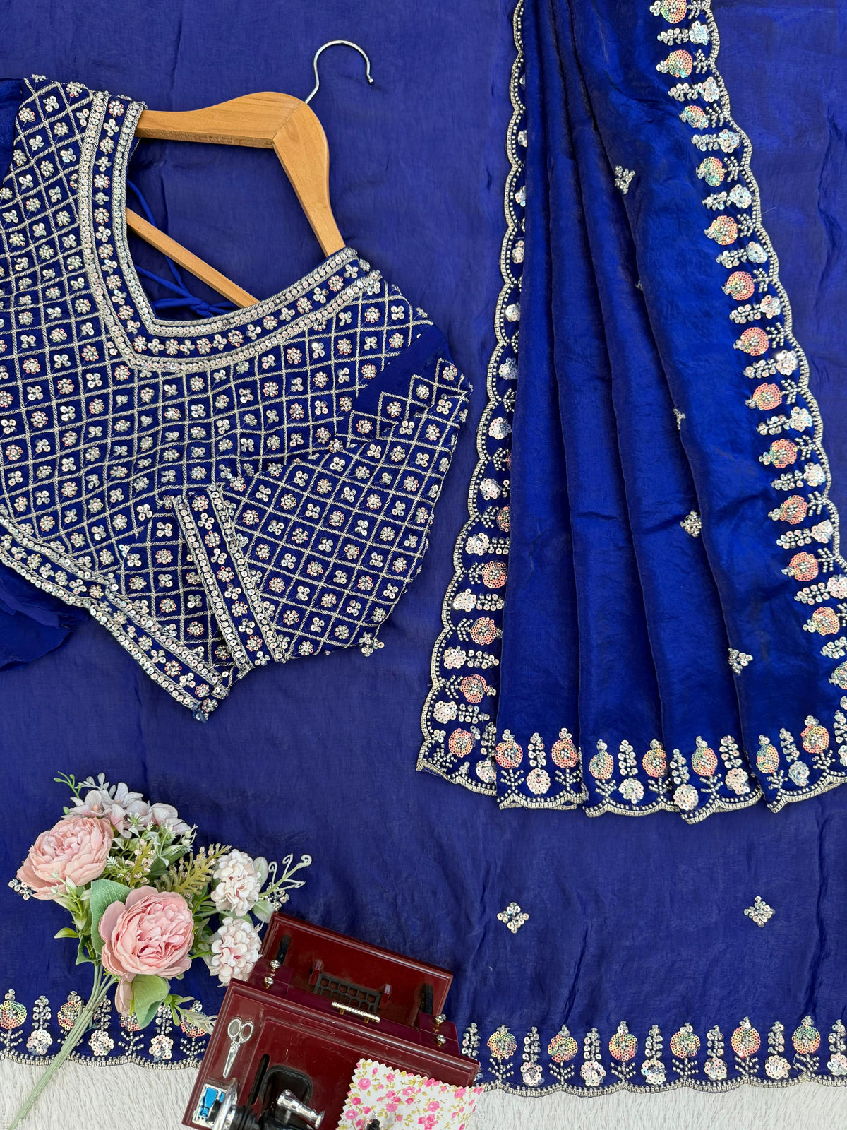 Fendy Silk Saree with Heavy Beads, Thread & Sequin Work  Front & Back Blouse