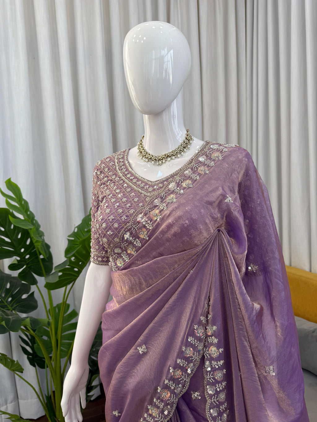 Fendy Silk Saree with Heavy Beads, Thread & Sequin Work  Front & Back Blouse