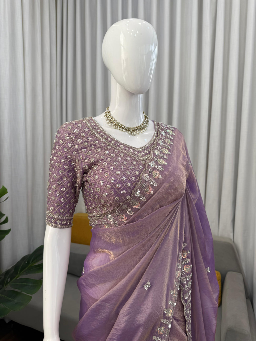 Fendy Silk Saree with Heavy Beads, Thread & Sequin Work  Front & Back Blouse