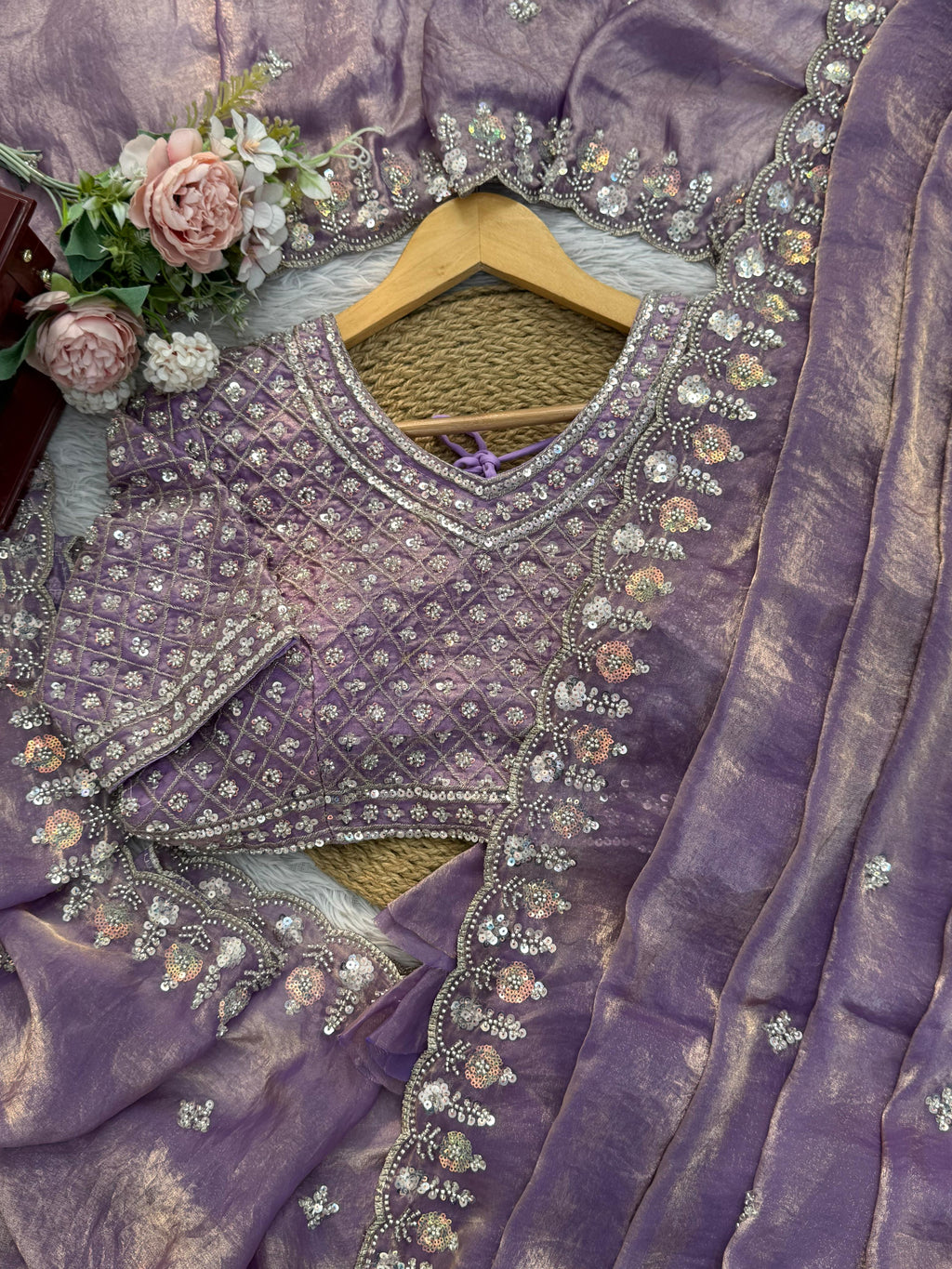 Fendy Silk Saree with Heavy Beads, Thread & Sequin Work  Front & Back Blouse