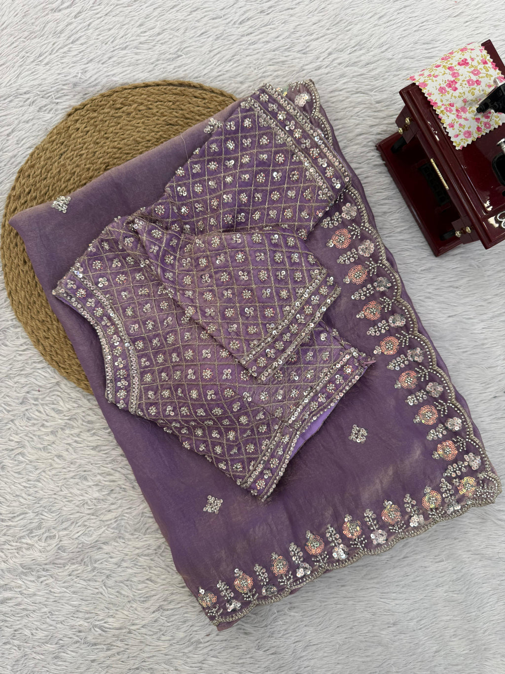 Fendy Silk Saree with Heavy Beads, Thread & Sequin Work  Front & Back Blouse