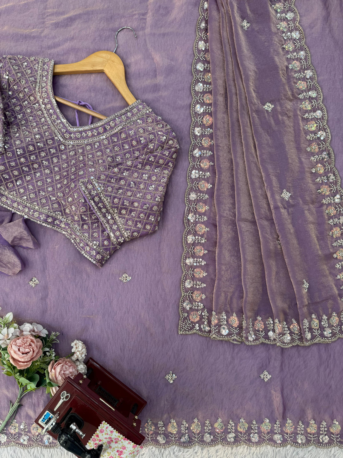 Fendy Silk Saree with Heavy Beads, Thread & Sequin Work  Front & Back Blouse