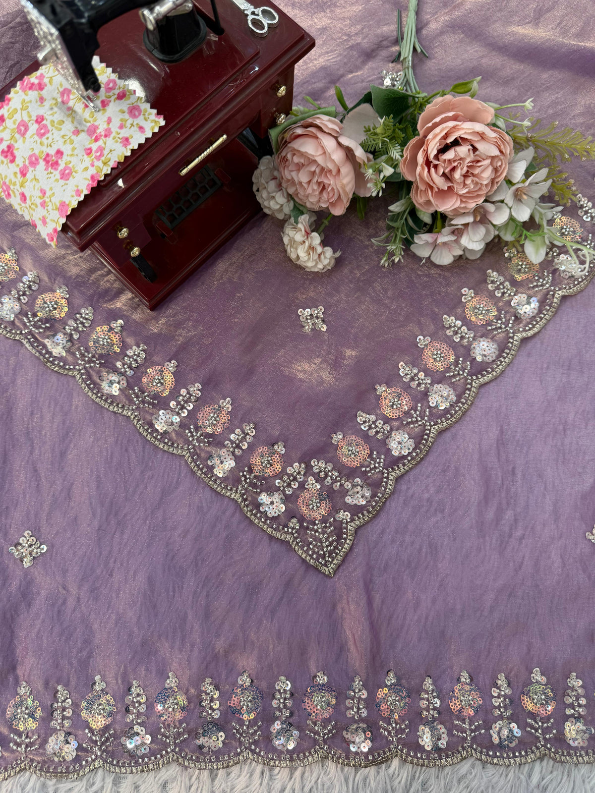 Fendy Silk Saree with Heavy Beads, Thread & Sequin Work  Front & Back Blouse