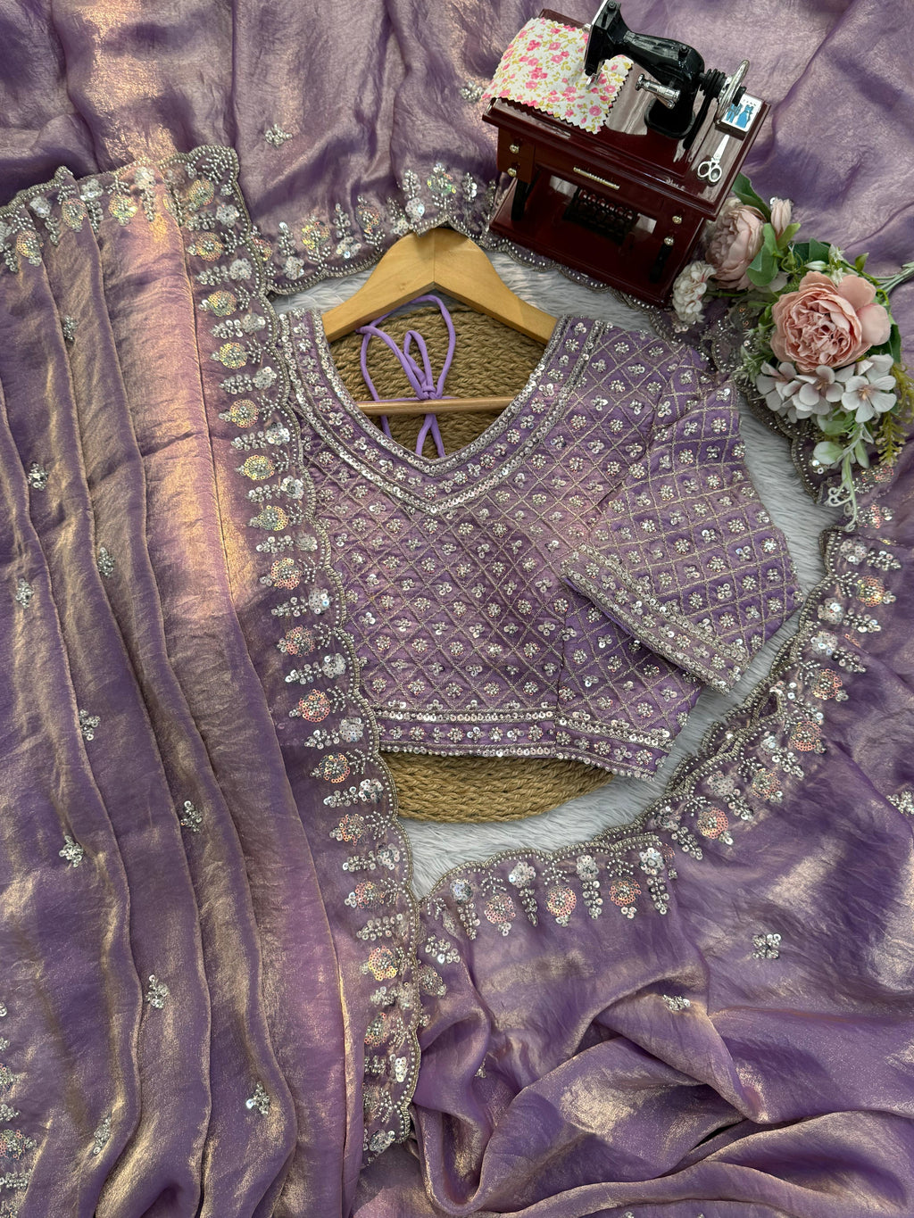 Fendy Silk Saree with Heavy Beads, Thread & Sequin Work  Front & Back Blouse