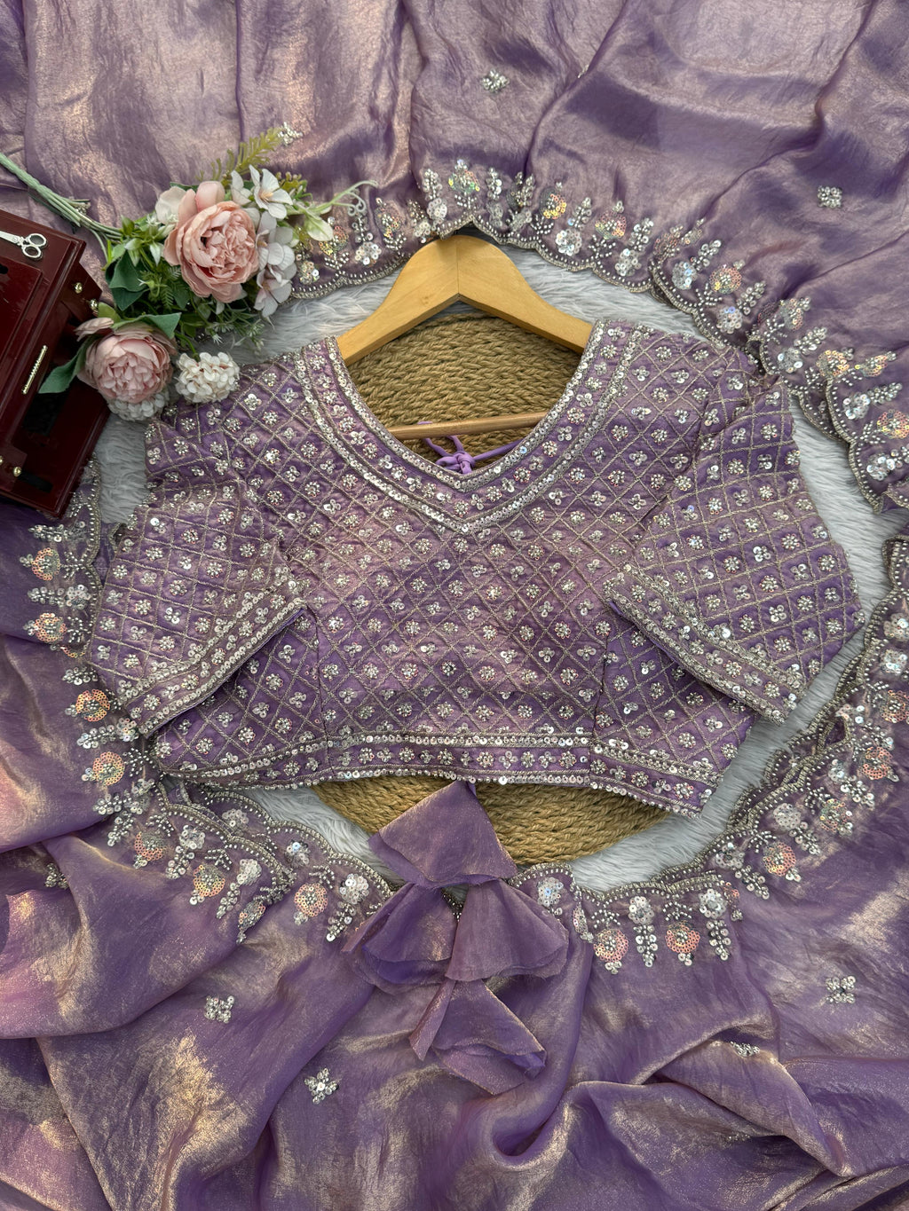 Fendy Silk Saree with Heavy Beads, Thread & Sequin Work  Front & Back Blouse