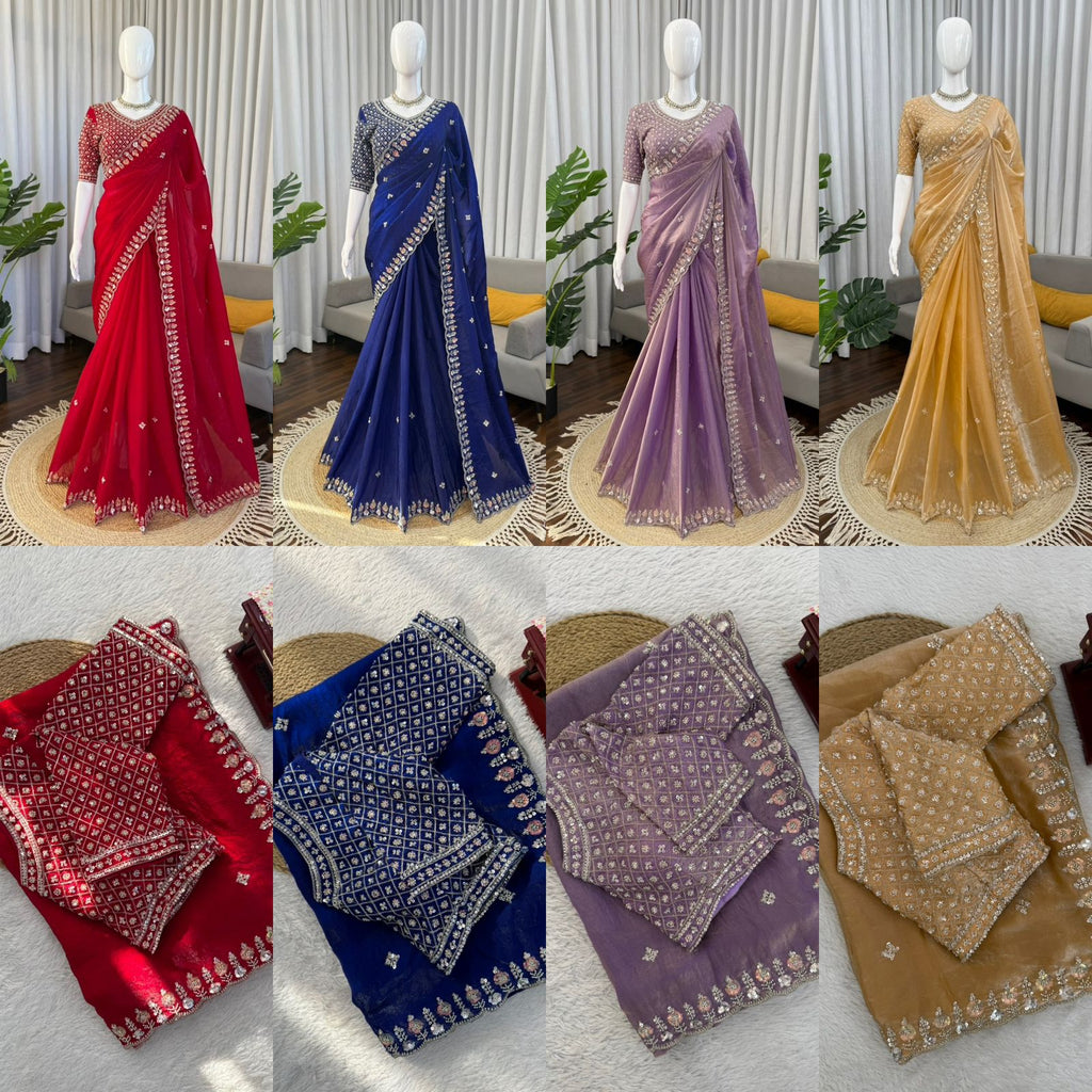 Fendy Silk Saree with Heavy Beads, Thread & Sequin Work  Front & Back Blouse