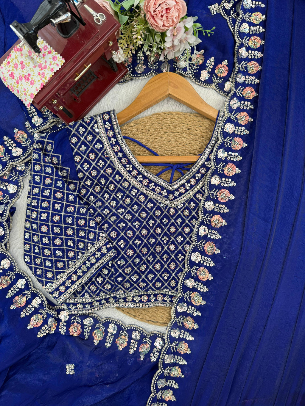 Fendy Silk Saree with Heavy Beads, Thread & Sequin Work  Front & Back Blouse
