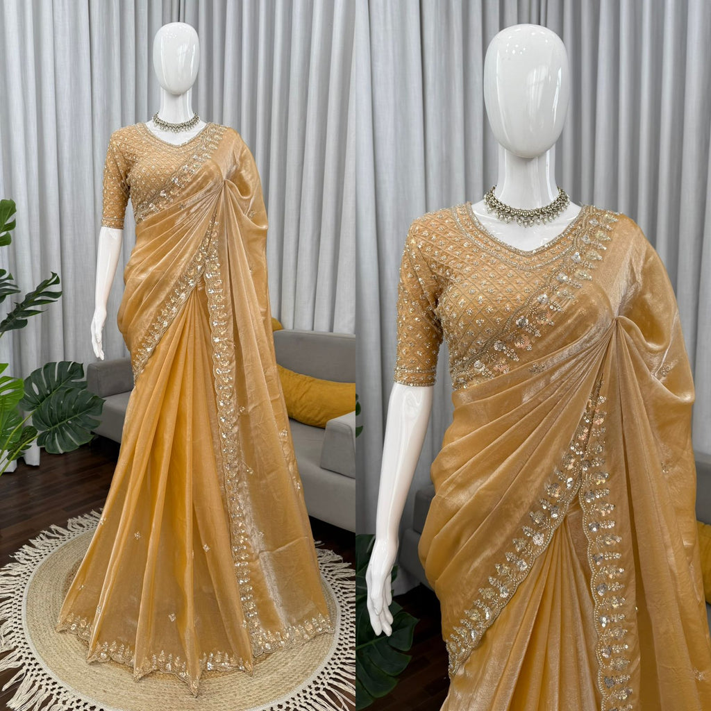 Fendy Silk Saree with Heavy Beads, Thread & Sequin Work  Front & Back Blouse