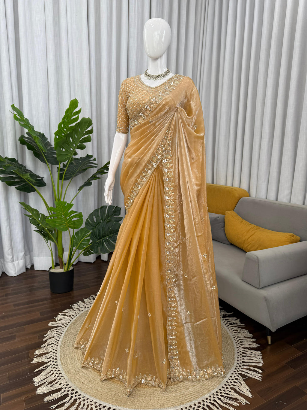 Fendy Silk Saree with Heavy Beads, Thread & Sequin Work  Front & Back Blouse