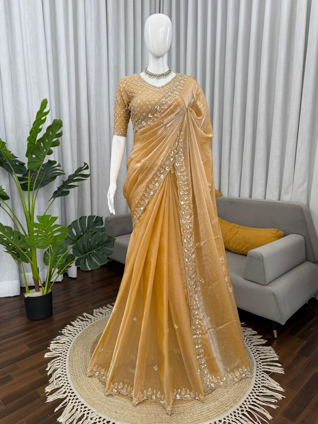 Fendy Silk Saree with Heavy Beads, Thread & Sequin Work  Front & Back Blouse