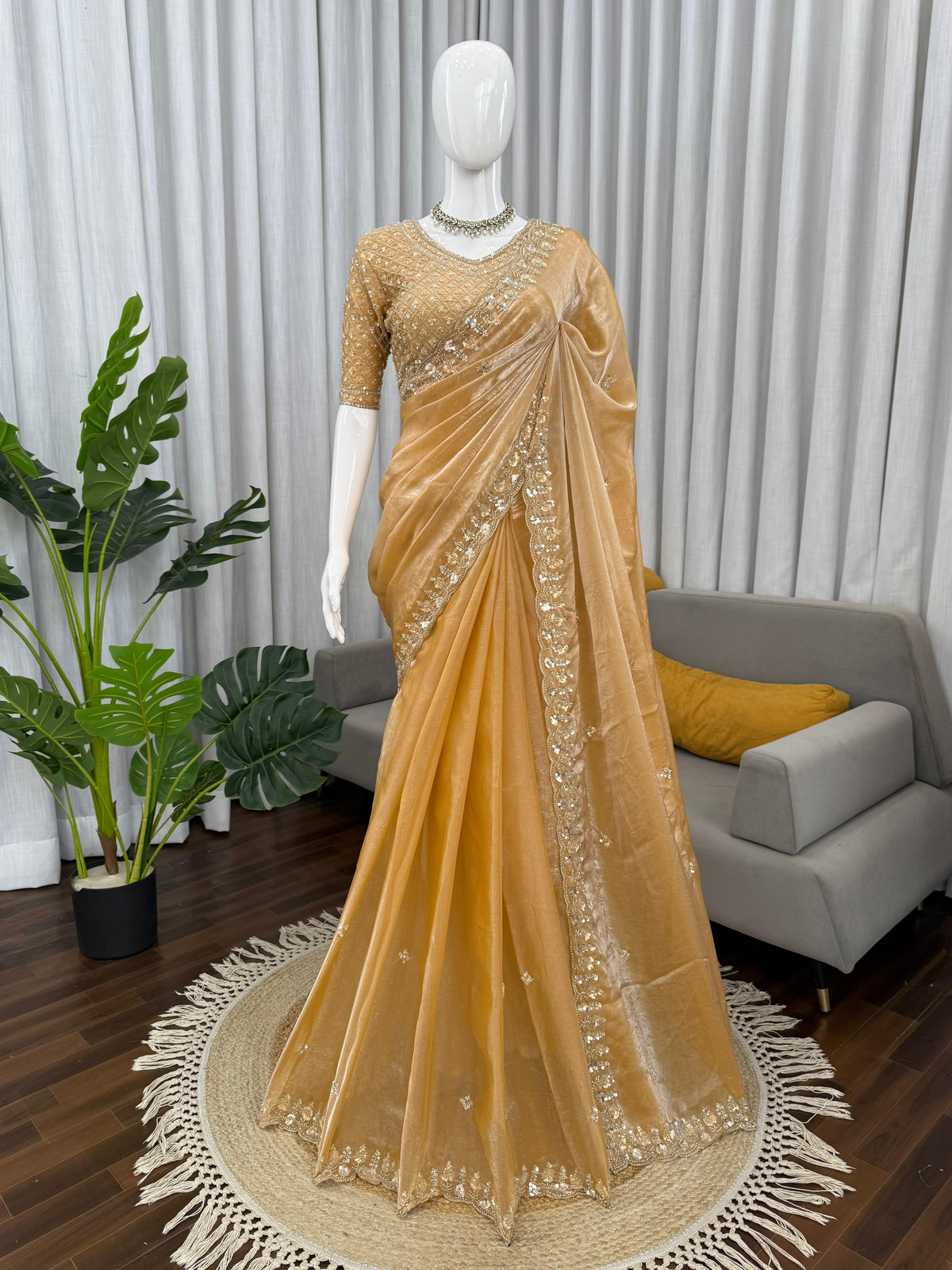 Fendy Silk Saree with Heavy Beads, Thread & Sequin Work  Front & Back Blouse