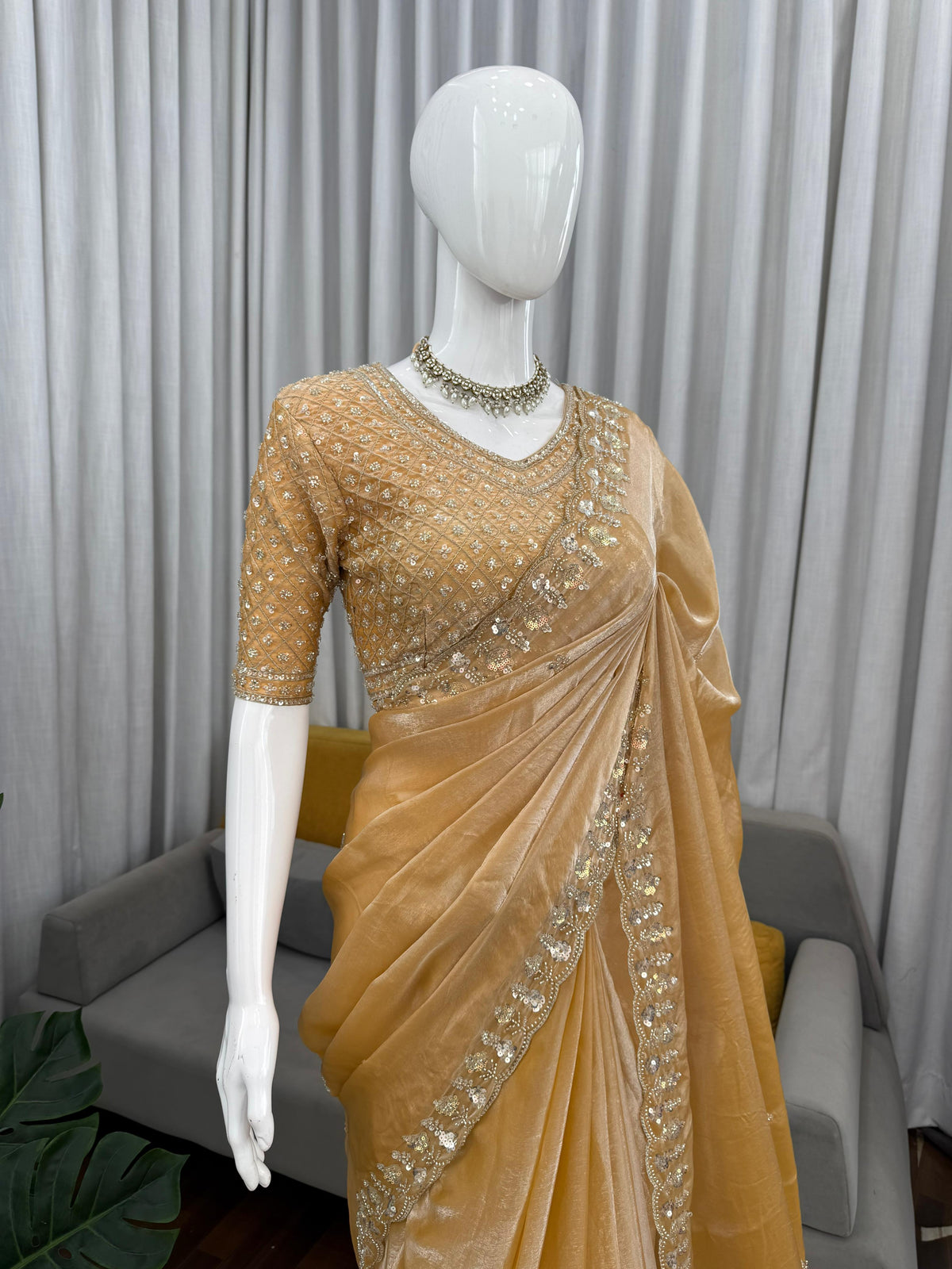 Fendy Silk Saree with Heavy Beads, Thread & Sequin Work  Front & Back Blouse