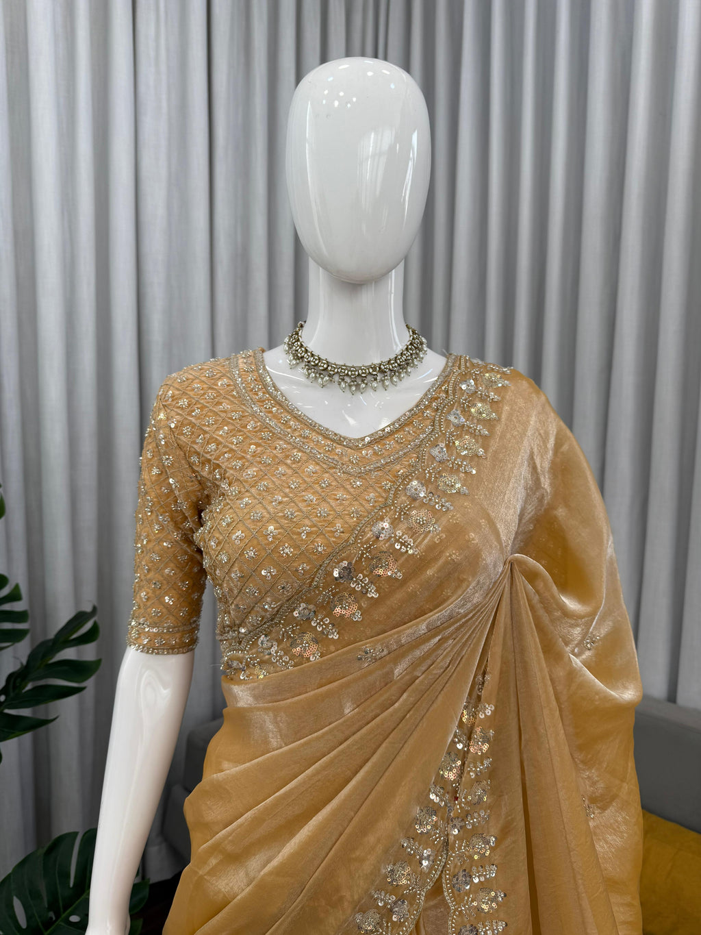 Fendy Silk Saree with Heavy Beads, Thread & Sequin Work  Front & Back Blouse
