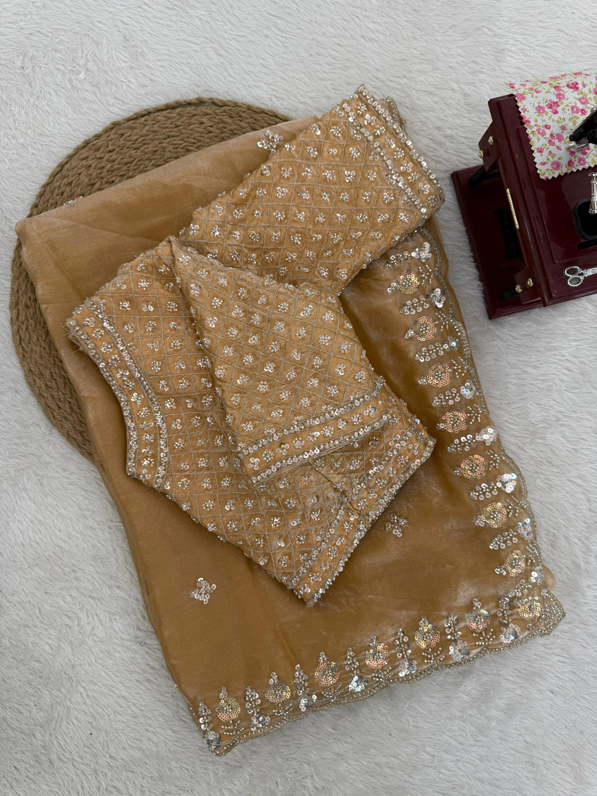Fendy Silk Saree with Heavy Beads, Thread & Sequin Work  Front & Back Blouse