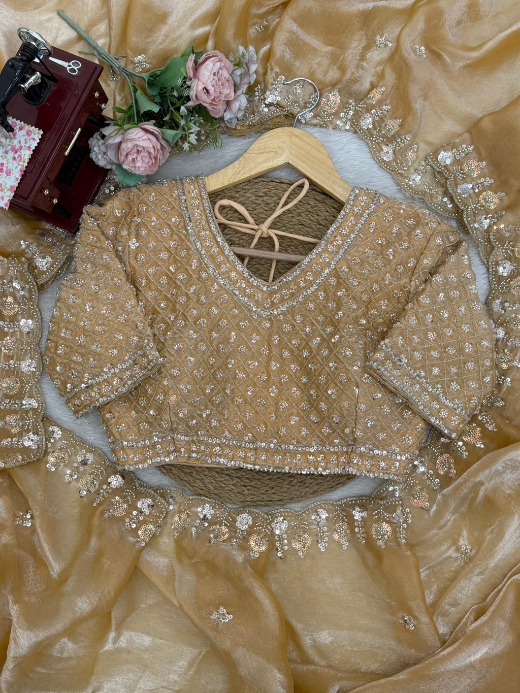 Fendy Silk Saree with Heavy Beads, Thread & Sequin Work  Front & Back Blouse
