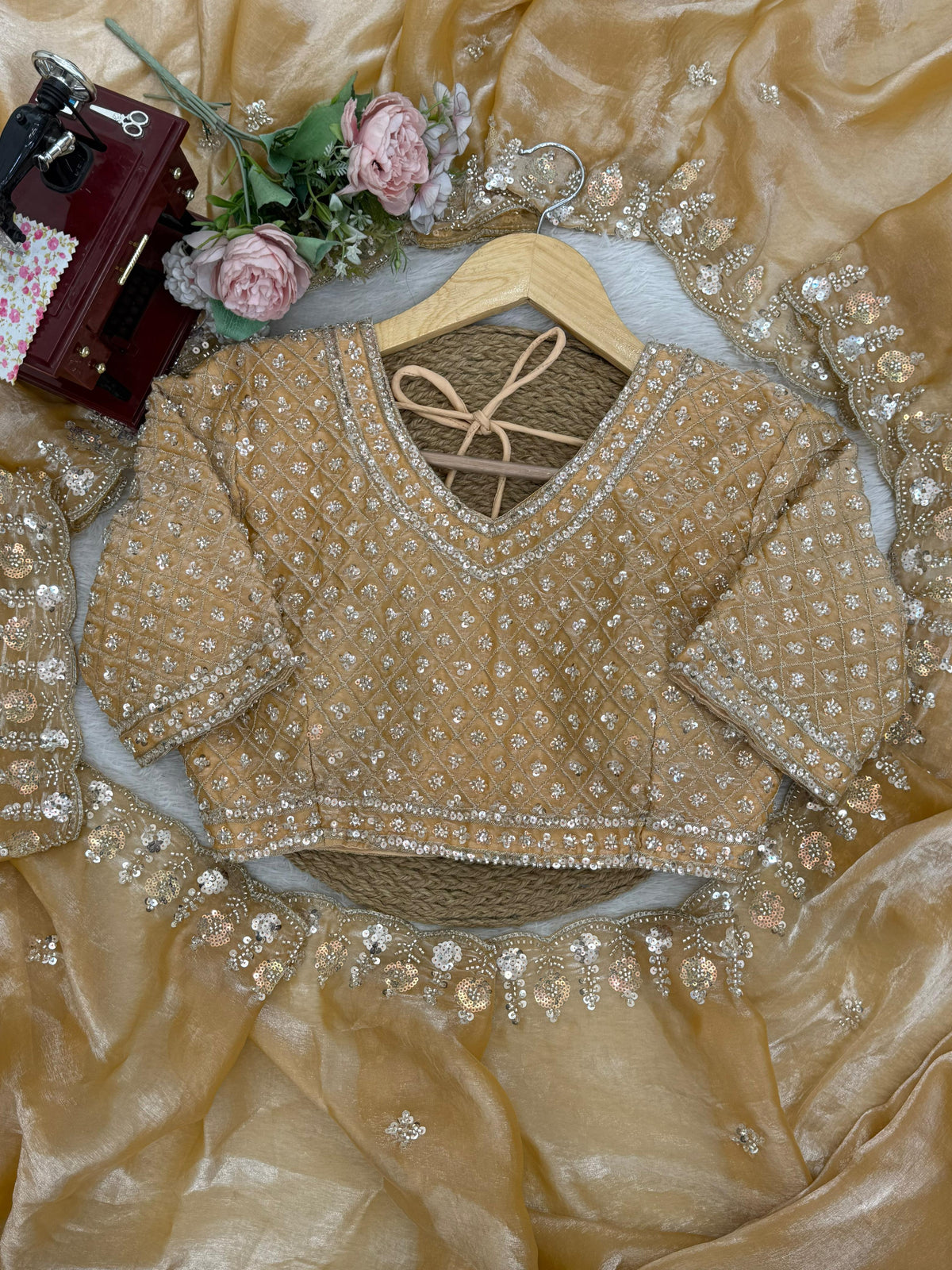 Fendy Silk Saree with Heavy Beads, Thread & Sequin Work  Front & Back Blouse