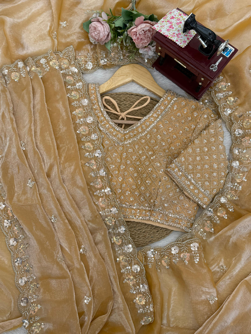 Fendy Silk Saree with Heavy Beads, Thread & Sequin Work  Front & Back Blouse