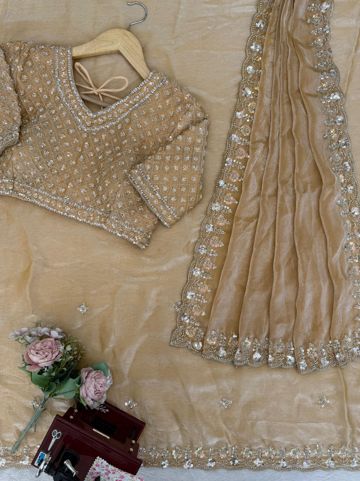Fendy Silk Saree with Heavy Beads, Thread & Sequin Work  Front & Back Blouse