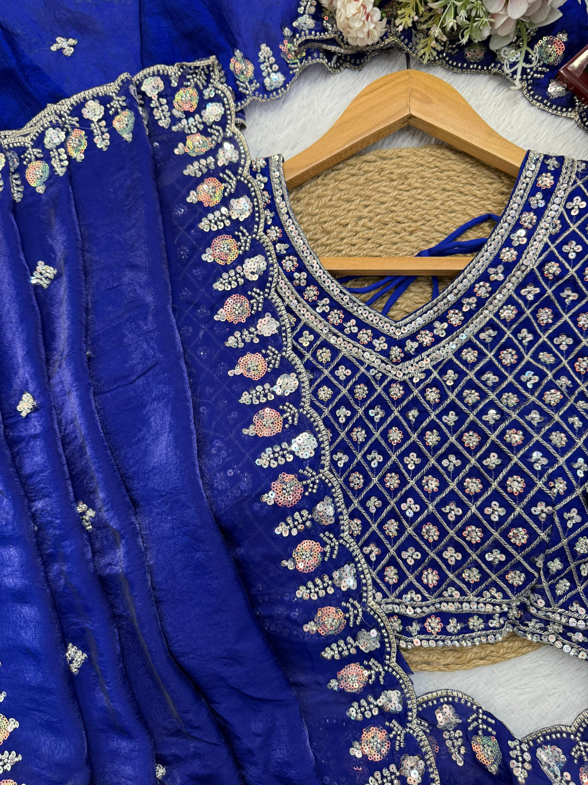 Fendy Silk Saree with Heavy Beads, Thread & Sequin Work  Front & Back Blouse