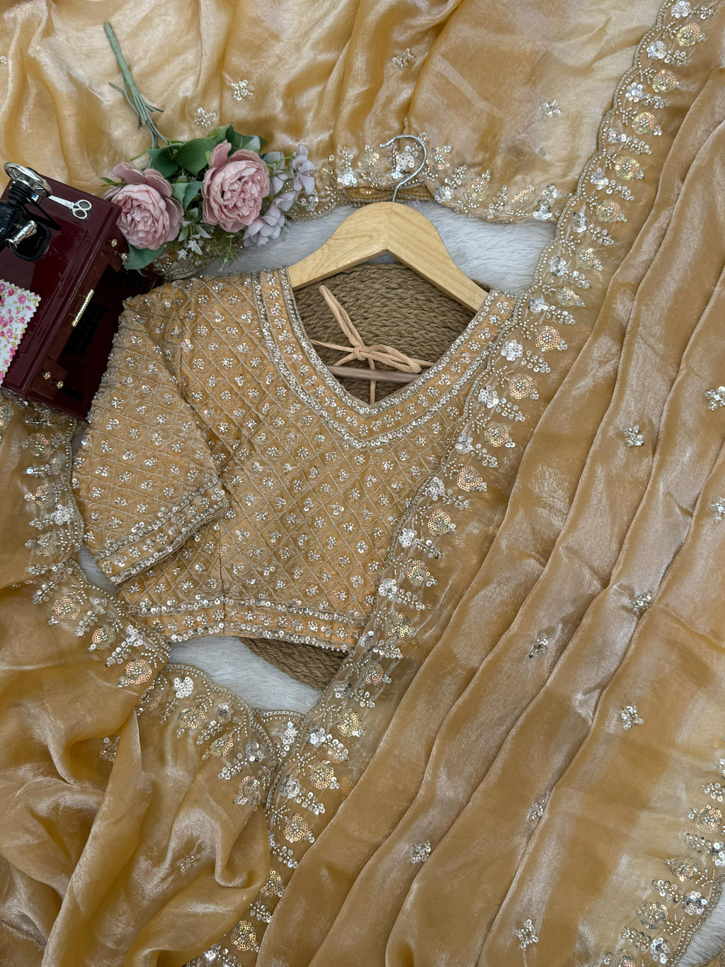 Fendy Silk Saree with Heavy Beads, Thread & Sequin Work  Front & Back Blouse