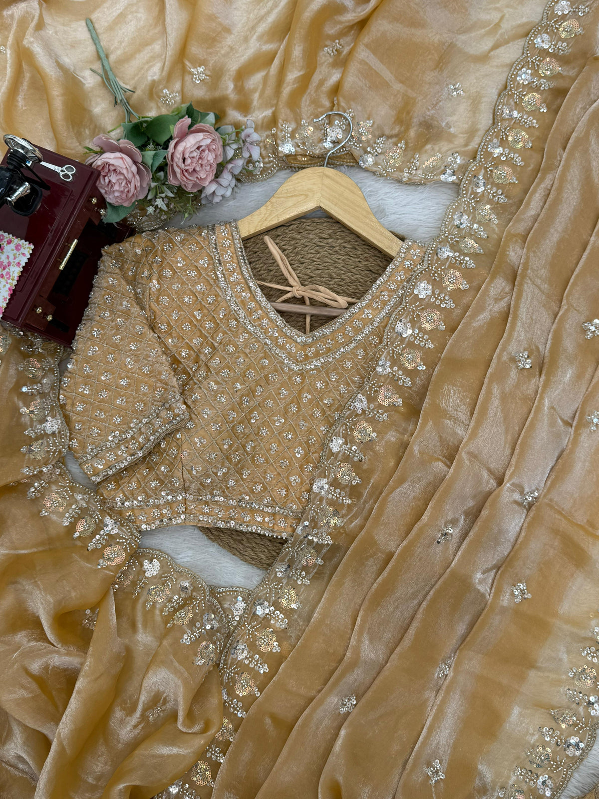 Fendy Silk Saree with Heavy Beads, Thread & Sequin Work  Front & Back Blouse