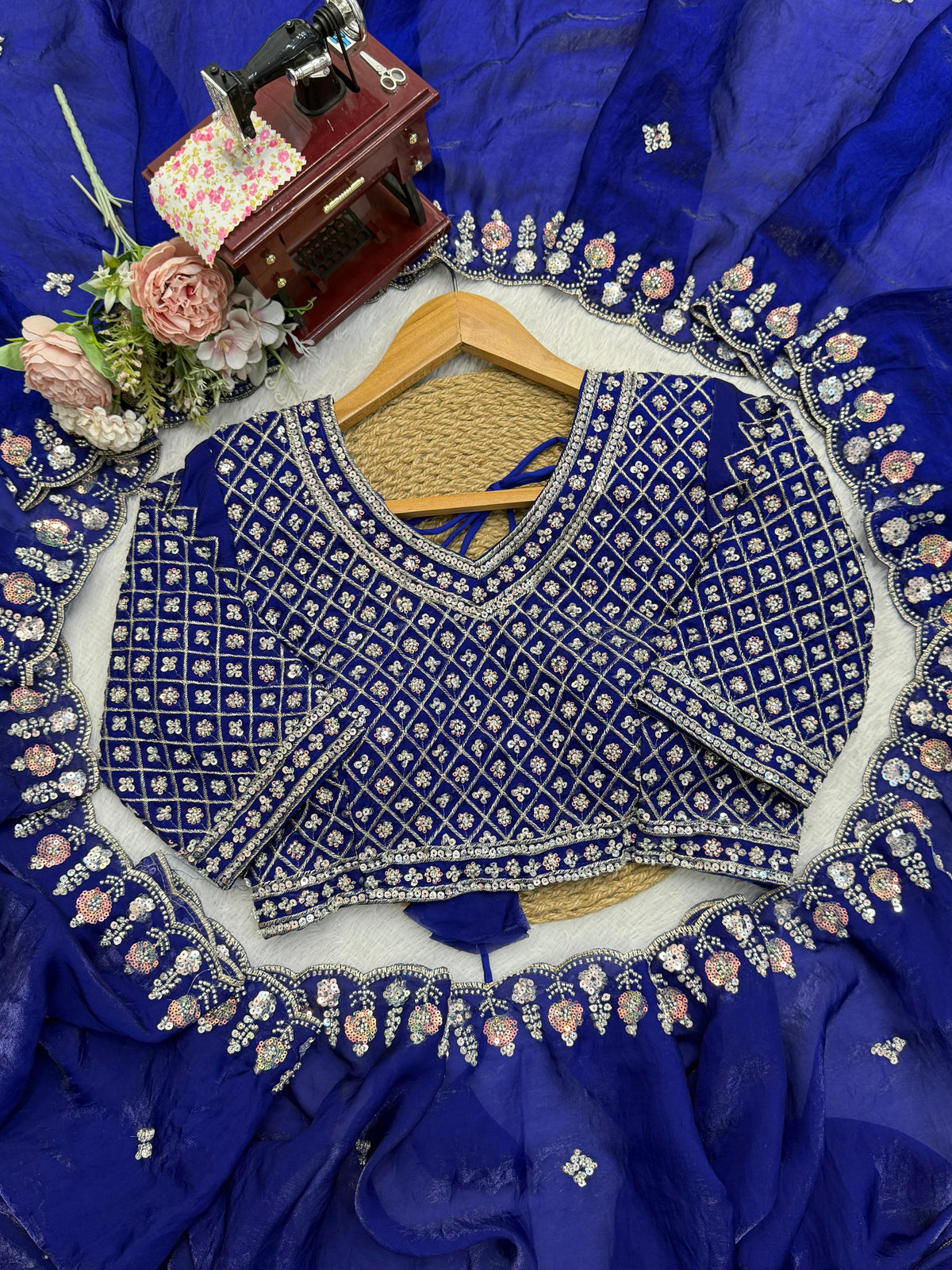 Fendy Silk Saree with Heavy Beads, Thread & Sequin Work  Front & Back Blouse