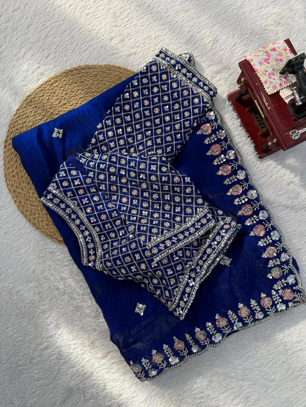 Fendy Silk Saree with Heavy Beads, Thread & Sequin Work  Front & Back Blouse