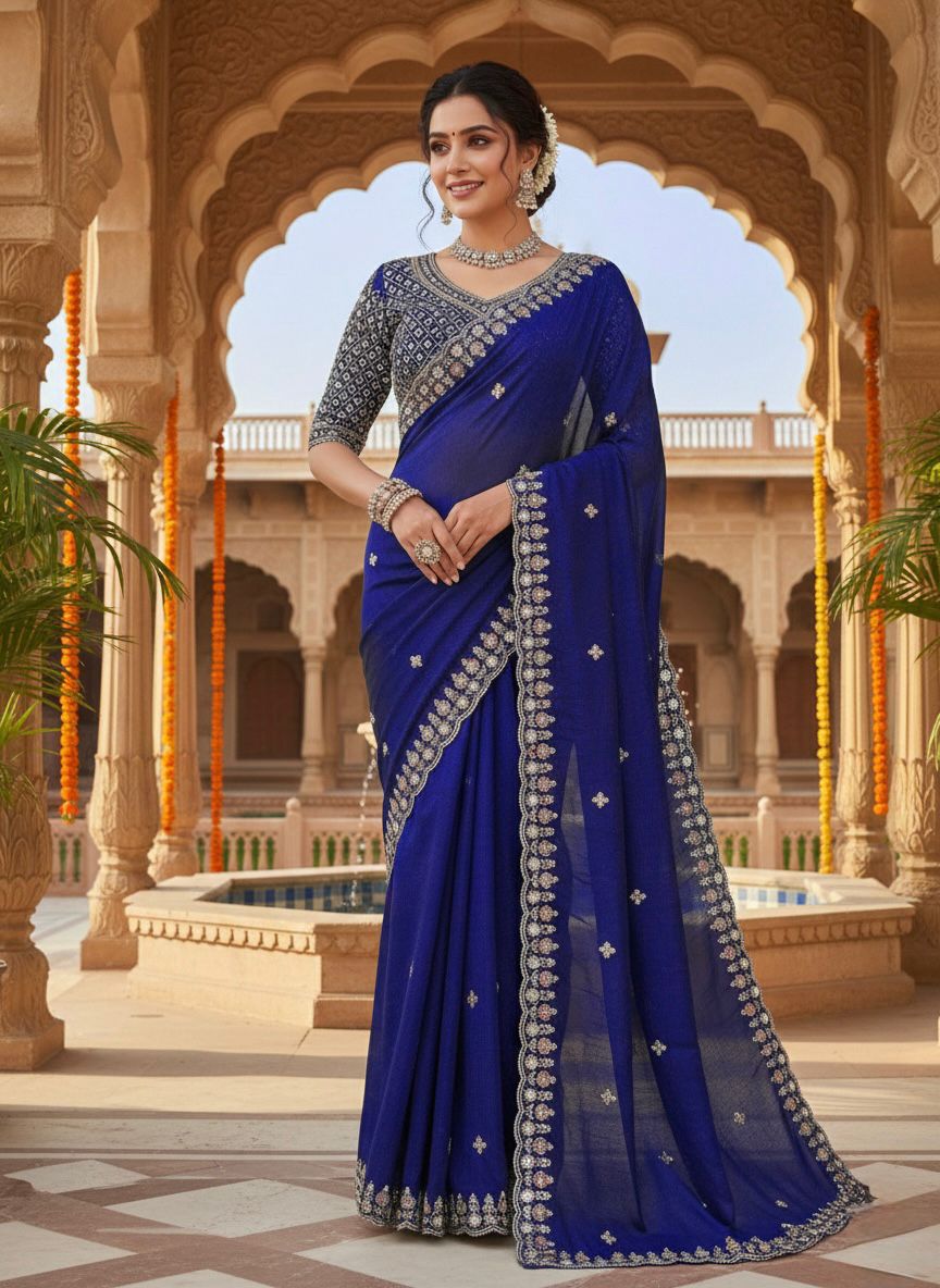 Fendy Silk Saree with Heavy Beads, Thread & Sequin Work  Front & Back Blouse