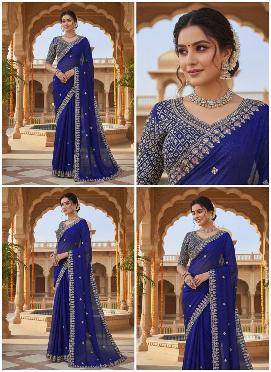 Fendy Silk Saree with Heavy Beads, Thread & Sequin Work  Front & Back Blouse
