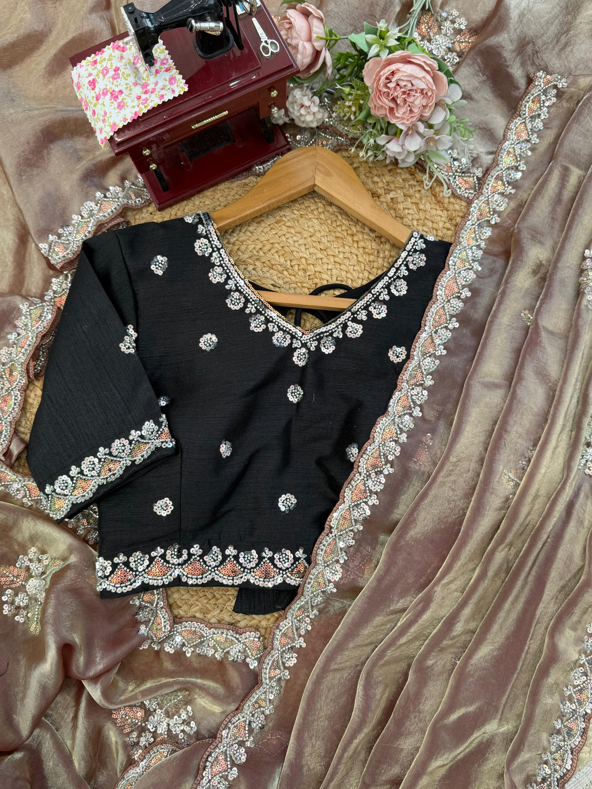 Fendy Silk Saree with Beads, Thread & Sequin Work and Mono Banglory Blouse