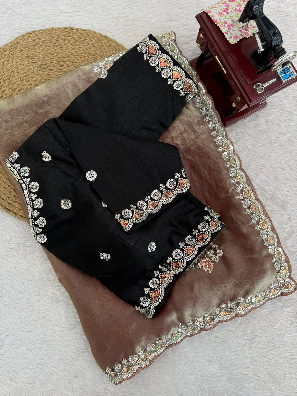 Fendy Silk Saree with Beads, Thread & Sequin Work and Mono Banglory Blouse