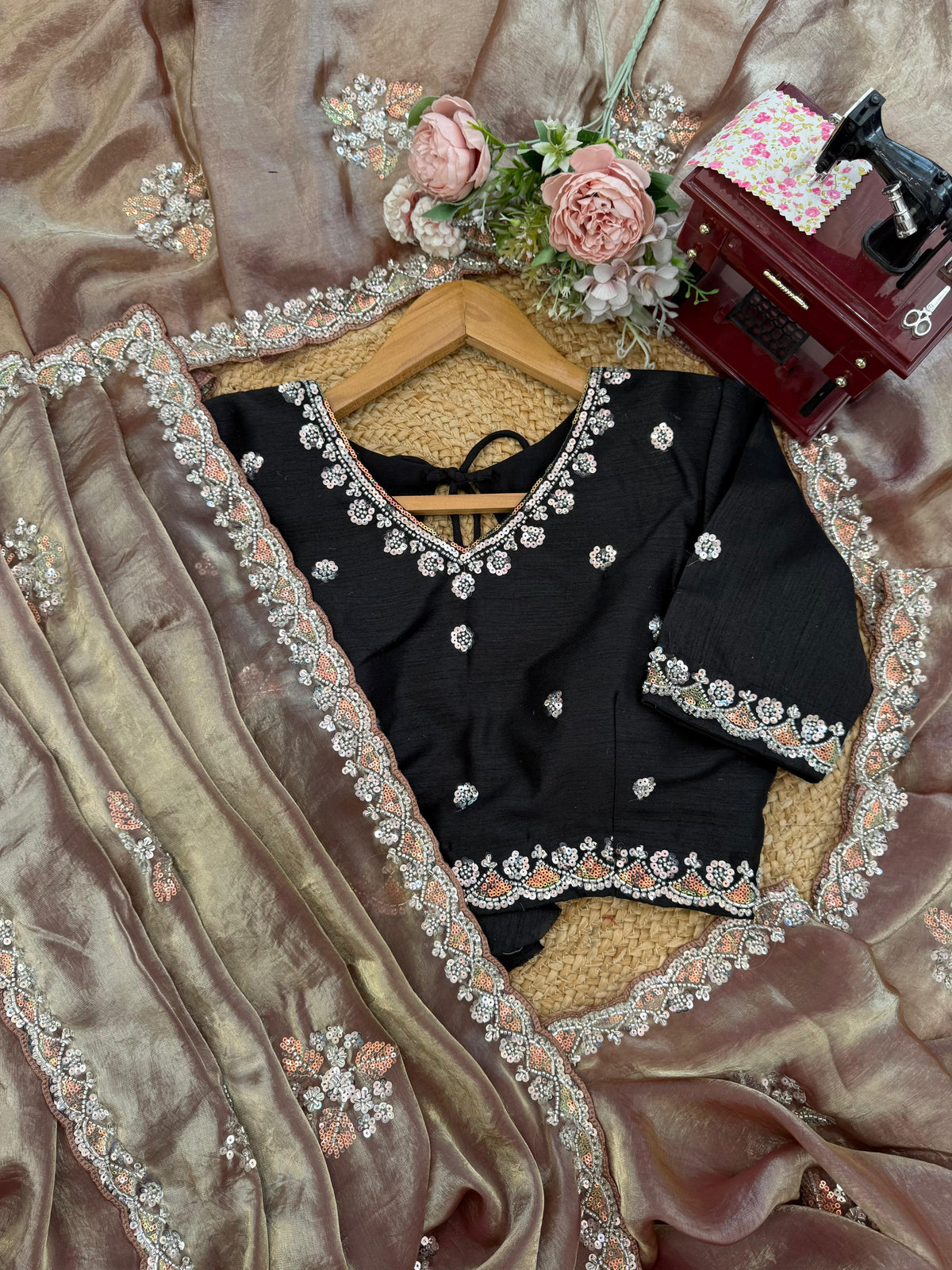 Fendy Silk Saree with Beads, Thread & Sequin Work and Mono Banglory Blouse