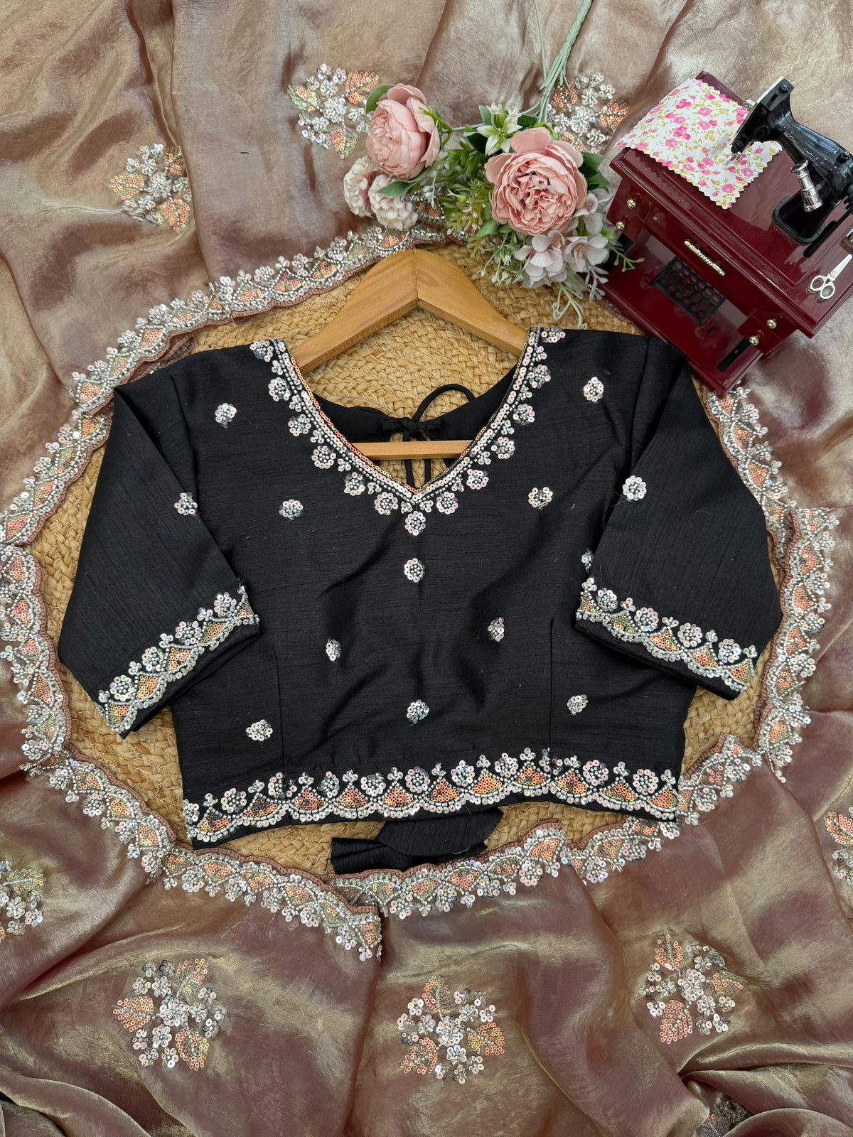Fendy Silk Saree with Beads, Thread & Sequin Work and Mono Banglory Blouse
