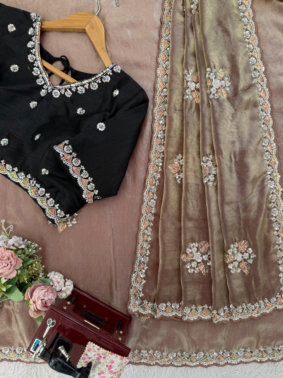 Fendy Silk Saree with Beads, Thread & Sequin Work and Mono Banglory Blouse