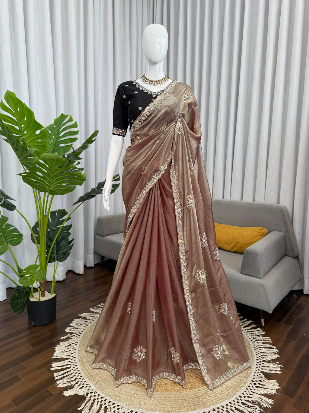 Fendy Silk Saree with Beads, Thread & Sequin Work and Mono Banglory Blouse